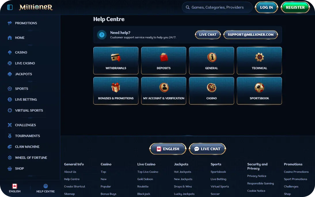 millioner casino support